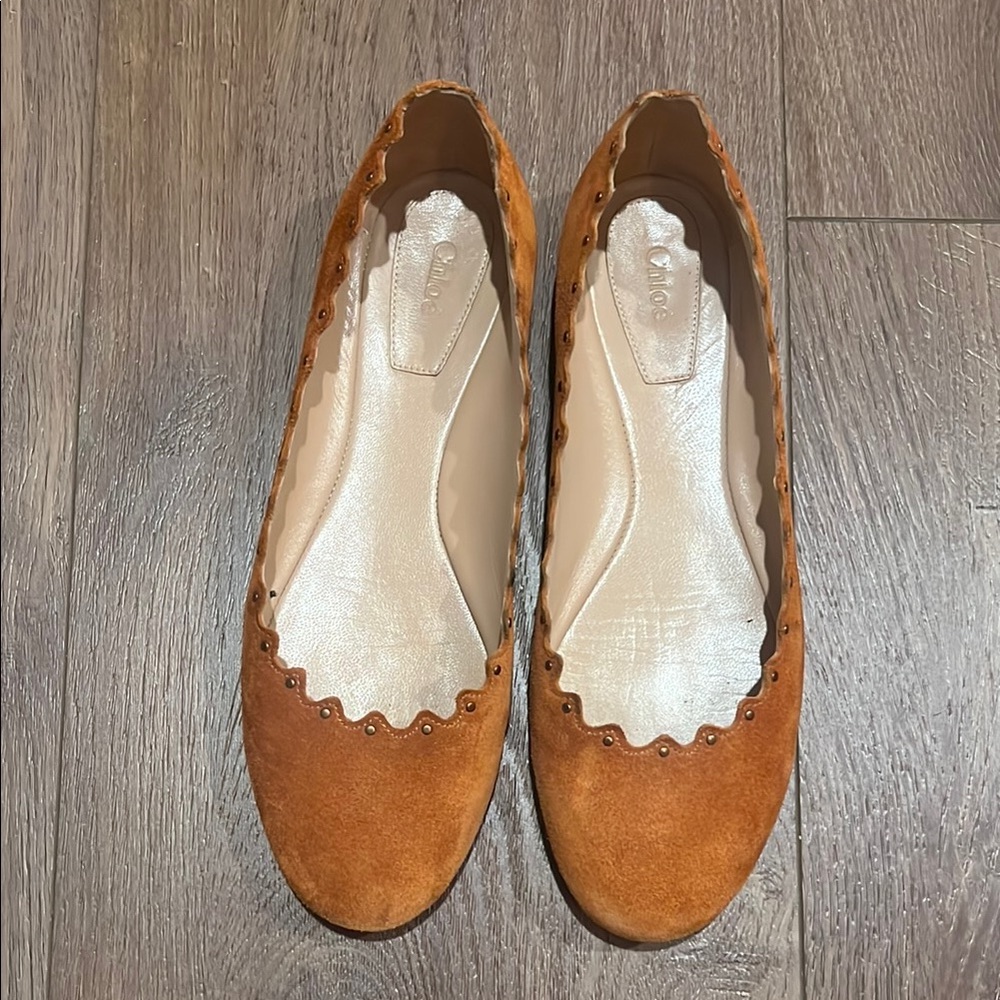 Chloe Tan Scalloped Suede Flats